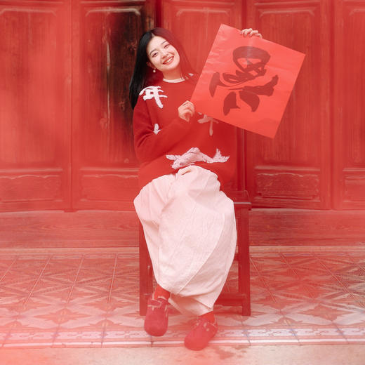 绽放012朵/【年服系列】年年有鱼提花浣熊绒羊毛针织衫红色毛衣 商品图2