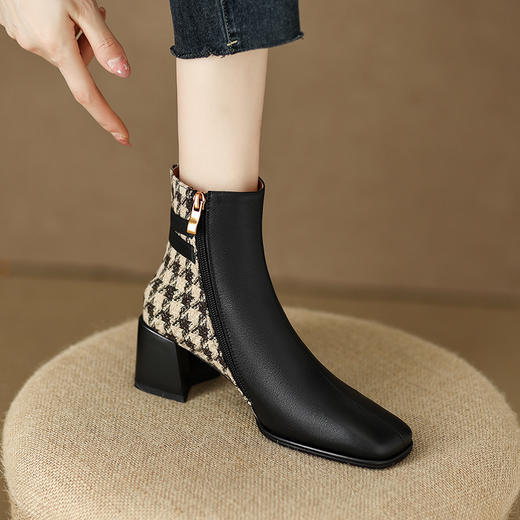 【预售5天发货】时尚个性，里外全皮拼接格纹粗跟短靴PZP-P6918 商品图0
