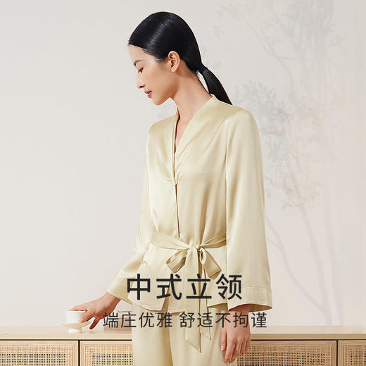 金三塔重磅真丝睡衣女100%桑蚕丝新中式植物染刺绣中式立领衣裤套  YSFEA206 商品图2