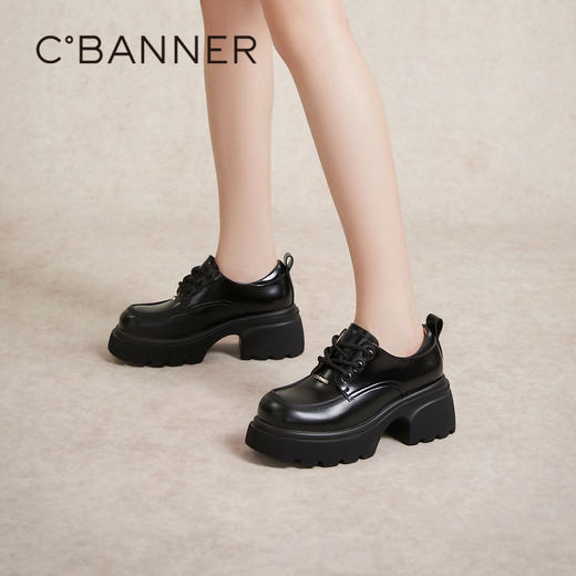 千百度厚底增高小皮鞋春季黑色系带牛津鞋百搭单鞋女鞋A24136502 商品图0
