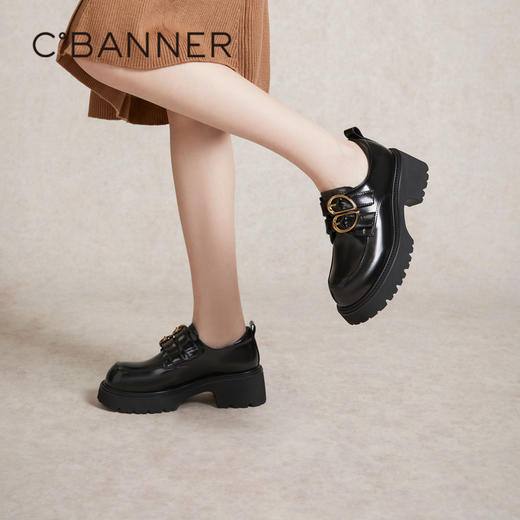 千百度黑色时尚乐福鞋女春季厚底增高小皮鞋真皮休闲单鞋A24131503 商品图0