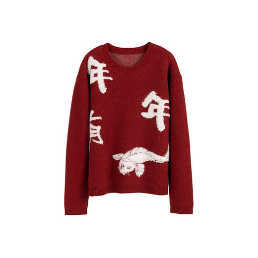 绽放012朵/【年服系列】年年有鱼提花浣熊绒羊毛针织衫红色毛衣 商品图3