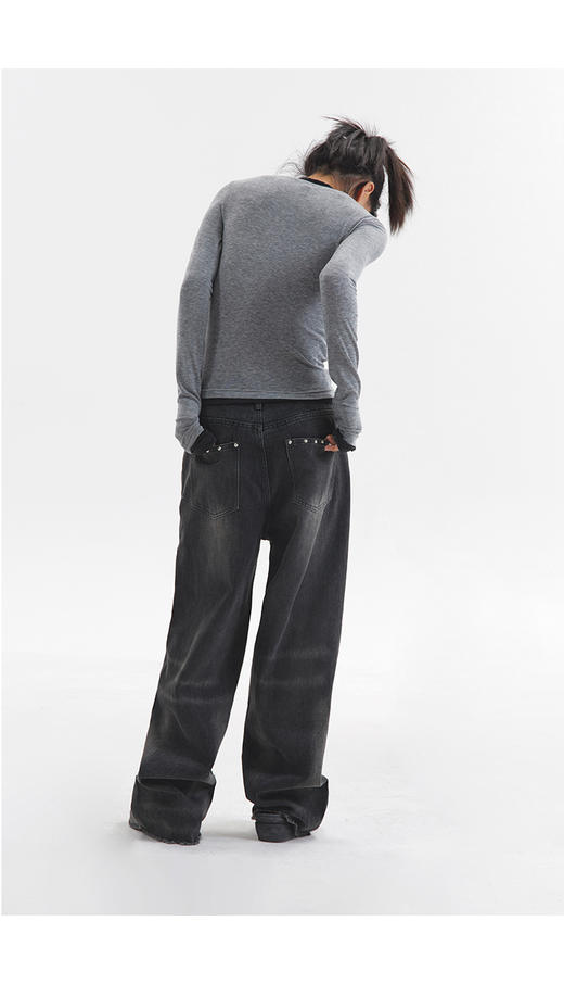 CryingCenter 黑色装饰铆钉袋口洗水毛边直筒休闲牛仔裤 哭喊中心 商品图3