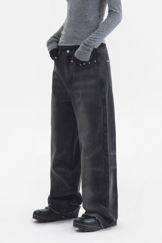 CryingCenter 黑色装饰铆钉袋口洗水毛边直筒休闲牛仔裤 哭喊中心 商品图5