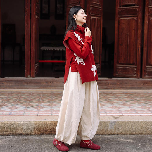 绽放018+220朵/2024新款复古立体浮雕压花半松紧腰单层纯棉阔腿灯笼裤 商品图1