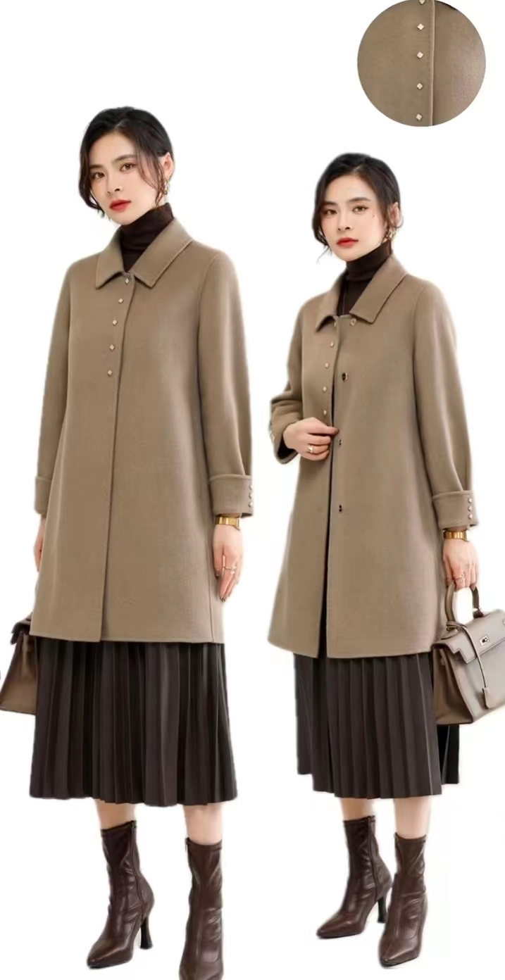 D6186        法式气质减龄休闲百搭中长款双面羊绒大衣外套