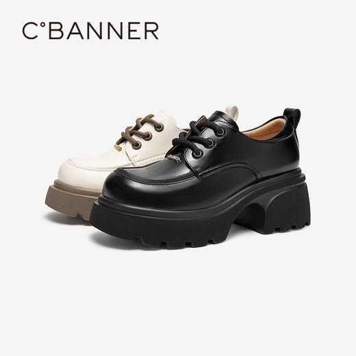 千百度厚底增高小皮鞋春季黑色系带牛津鞋百搭单鞋女鞋A24136502 商品图1