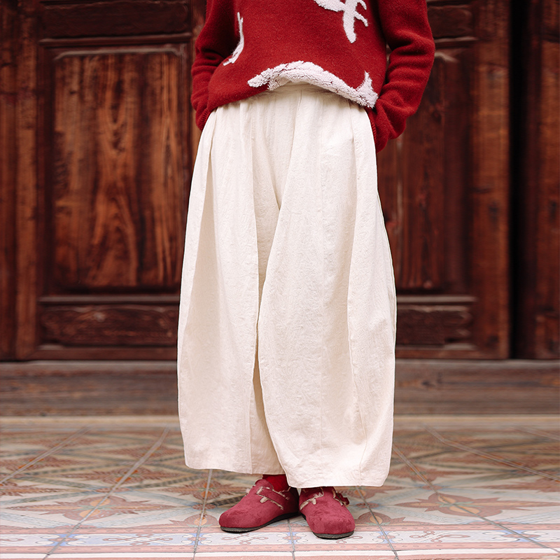 绽放018+220朵/2024新款复古立体浮雕压花半松紧腰单层纯棉阔腿灯笼裤