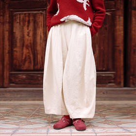 绽放018+220朵/2024新款复古立体浮雕压花半松紧腰单层纯棉阔腿灯笼裤