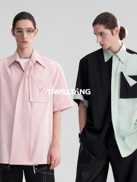 TIWILLTANG启世录“圣杯”立体门襟短袖黑白纯色休闲宽松衬衫男夏