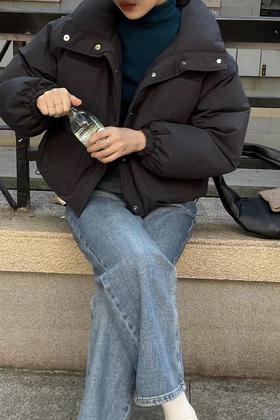 LNNNS 黑色翻领单排扣棉服外套 17699