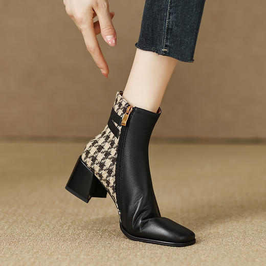 【预售5天发货】时尚个性，里外全皮拼接格纹粗跟短靴PZP-P6918 商品图4