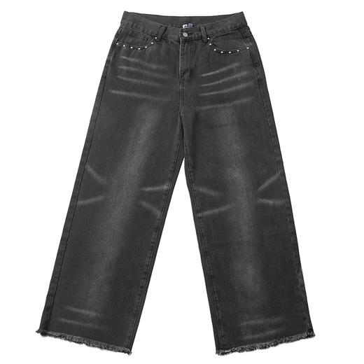 CryingCenter 黑色装饰铆钉袋口洗水毛边直筒休闲牛仔裤 哭喊中心 商品图4