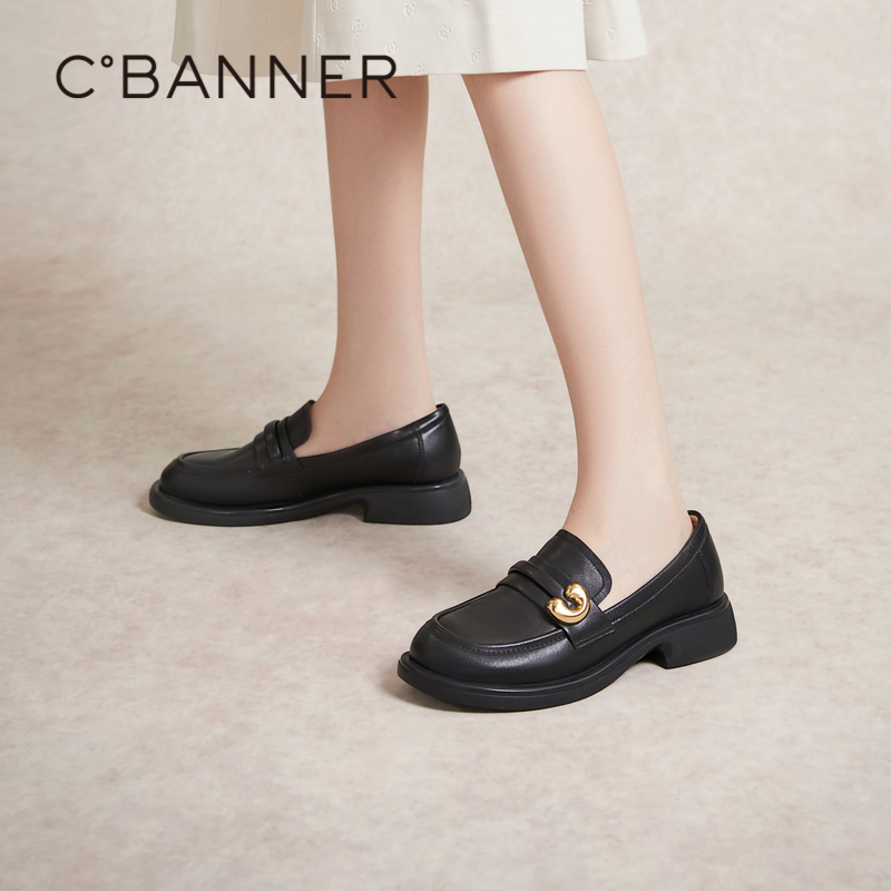 千百度通勤乐福鞋春季黑色小皮鞋中跟一脚蹬真皮正装单鞋A24132908