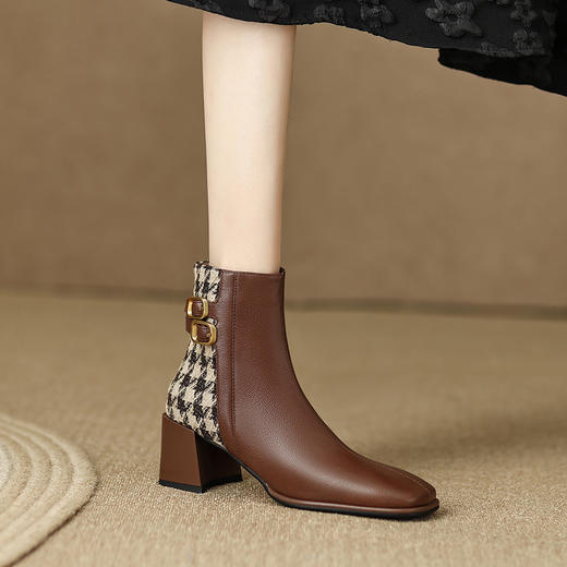 【预售5天发货】时尚个性，里外全皮拼接格纹粗跟短靴PZP-P6918 商品图12