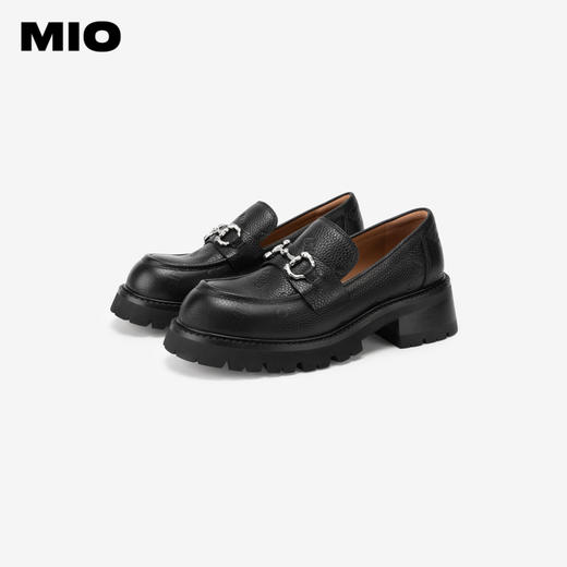 MIO米奥春季圆头粗跟乐福鞋牛皮革复古压纹舒适厚底单鞋女M241515537 商品图3