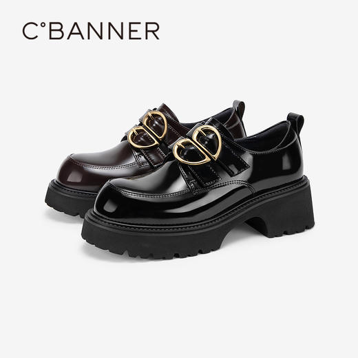 千百度黑色时尚乐福鞋女春季厚底增高小皮鞋真皮休闲单鞋A24131503 商品图1