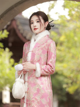 SYK299097 改良A版麂皮绒烫金超柔毛领旗袍 2023冬新款加绒大码旗袍外披