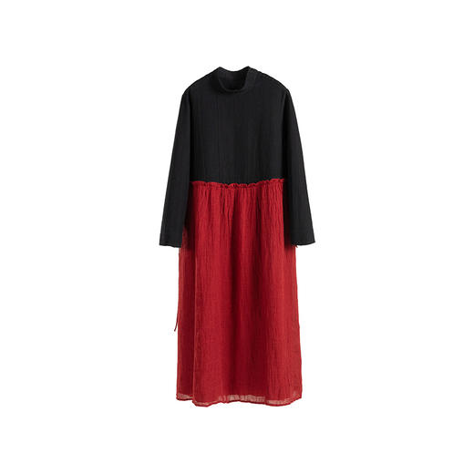 绽放008朵/【年服系列】高领亚麻棉黑红拼色双层宽松棉麻连衣裙 商品图3