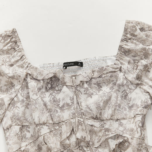 西遇复古长款连衣裙女新款长袖方领卡其色法式碎花裙11831941 商品图5