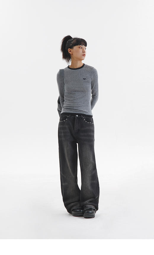 CryingCenter 黑色装饰铆钉袋口洗水毛边直筒休闲牛仔裤 哭喊中心 商品图2