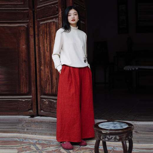 绽放003朵/【年服系列】红色双层100%棉提花肌理感宽松文艺阔腿裤 商品图1