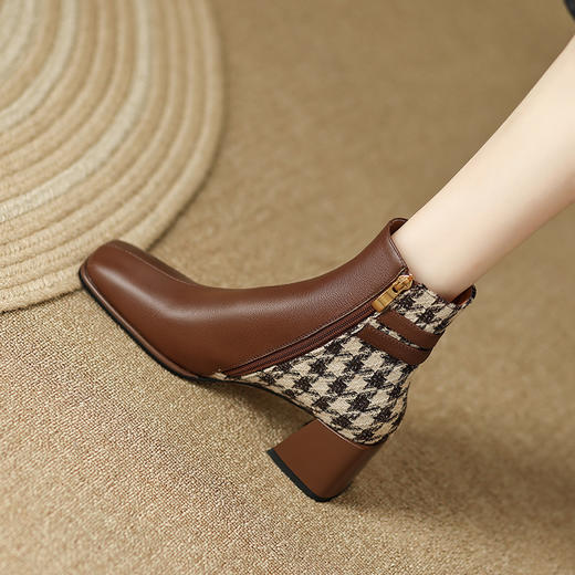 【预售5天发货】时尚个性，里外全皮拼接格纹粗跟短靴PZP-P6918 商品图7