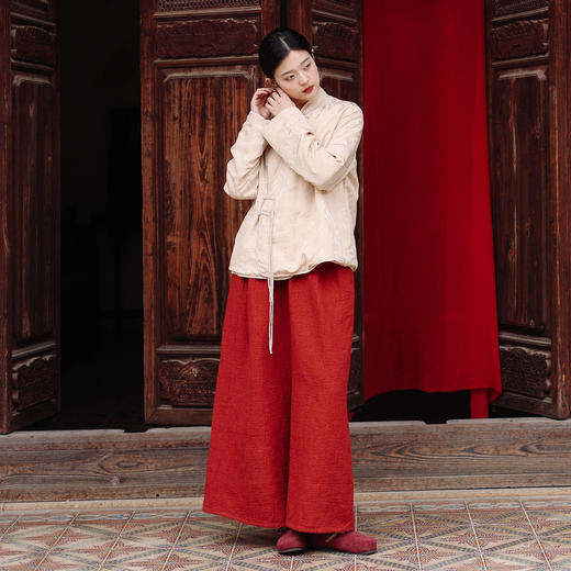 绽放003朵/【年服系列】红色双层100%棉提花肌理感宽松文艺阔腿裤 商品图0