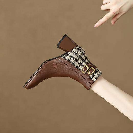 【预售5天发货】时尚个性，里外全皮拼接格纹粗跟短靴PZP-P6918 商品图6