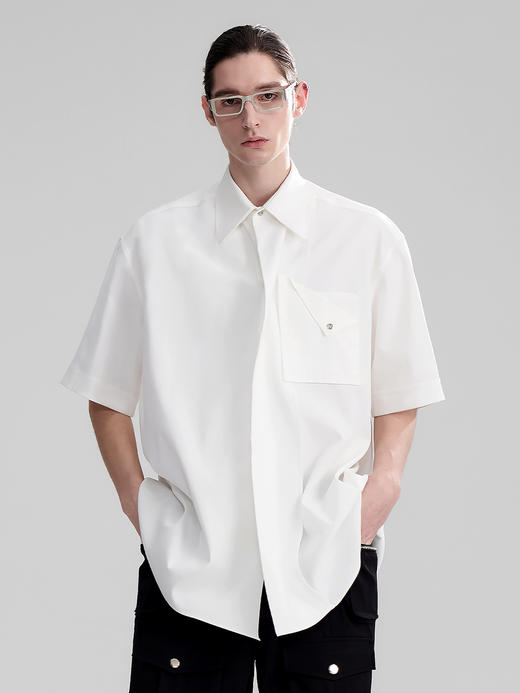 TIWILLTANG启世录“圣杯”立体门襟短袖黑白纯色休闲宽松衬衫男夏 商品图1