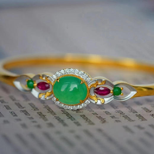 龢盒原创 18k金镶清爽日常翡翠蛋面手镯 商品图2