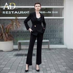 黑色围裹式翘肩西装套装女金属一粒扣西服外套洋气九分阔腿裤子