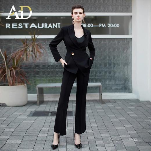黑色围裹式翘肩西装套装女金属一粒扣西服外套洋气九分阔腿裤子 商品图0