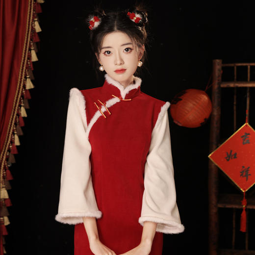 JQ 861雪尼尔中长款单层七分袖旗袍日常 商品图1