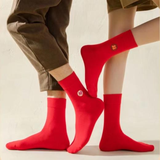 米旗 刺绣红袜子 过年大红袜 情侣款红色中筒袜 商品图1