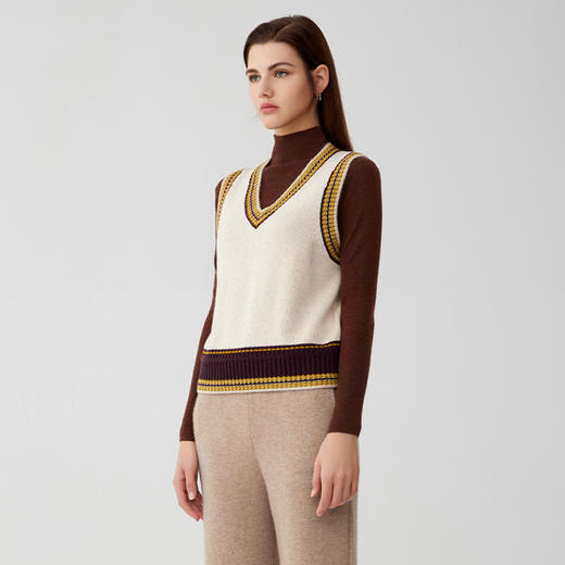 【条纹撞色羊绒马甲】羊绒世家秋冬新品女士100%山羊绒内搭保暖针织背心 商品图2