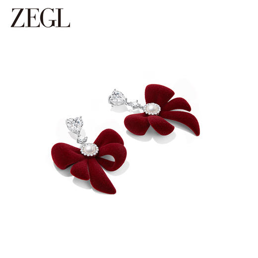 ZEGL设计师新年系列蝴蝶结耳环女红色毛绒法式耳钉人造珍珠耳饰品 商品图1