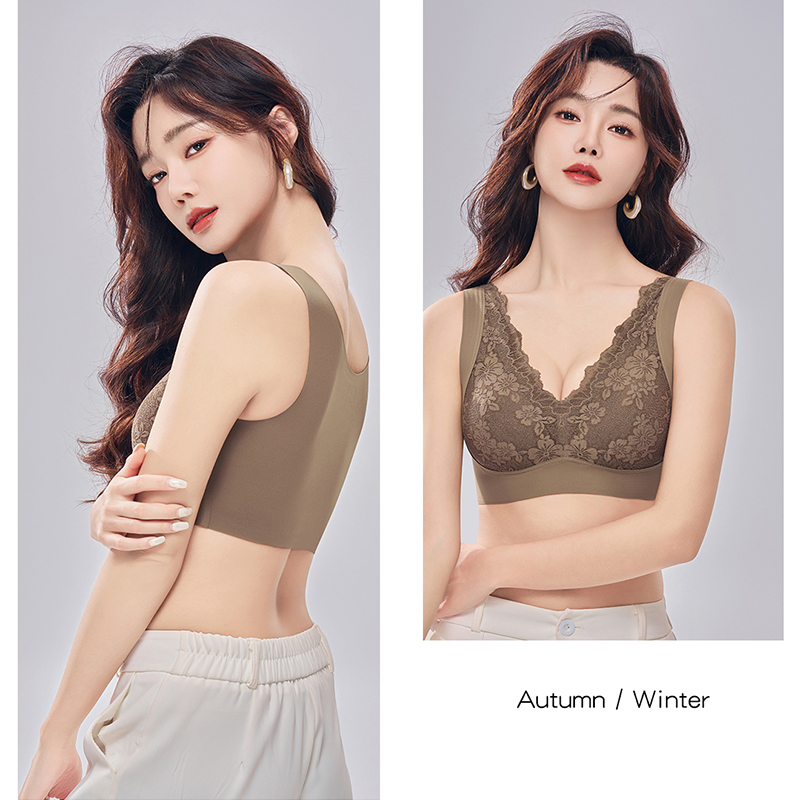 【买一送一 轻梵蓄热保暖内衣】 宽肩设计无痕侧边蓄热保暖背心文胸 轻盈无痕温暖 亲肤透气高弹 蕾丝聚拢上托收副乳半固定杯V领