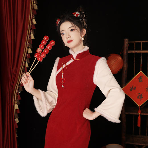 JQ 861雪尼尔中长款单层七分袖旗袍日常 商品图0