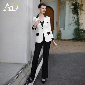 时尚通勤职业装套装女气质戗驳领撞色一粒扣西服外套洋气阔腿裤