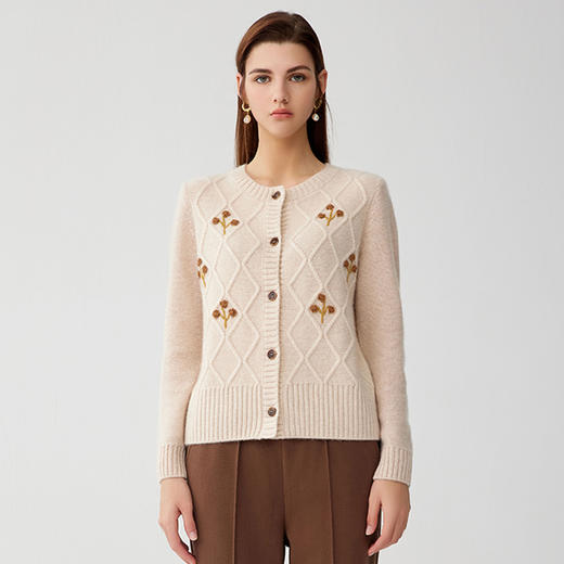 【经典菱形绞花开衫】羊绒世家秋冬新品女士100%山羊绒提花针织开衫 商品图0