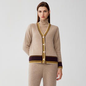 【V领撞色针织开衫】羊绒世家秋冬新品100%山羊绒衫时尚撞色针织保暖外套