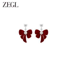 ZEGL设计师新年系列蝴蝶结耳环女红色毛绒法式耳钉人造珍珠耳饰品