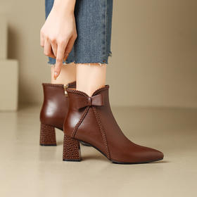 【预售5天】秋冬新款，真皮高跟鞋时尚粗跟气质女靴加绒短靴子尖头BCXY-H2110