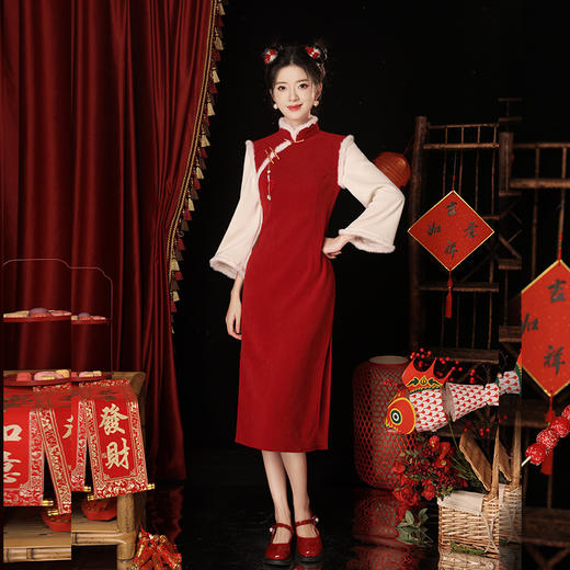 JQ 861雪尼尔中长款单层七分袖旗袍日常 商品图2