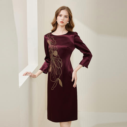 NA814斯尔丽[商场同款]春季新款醋酸烫钻蝴蝶花收腰显瘦圆领长袖连衣裙 商品图0