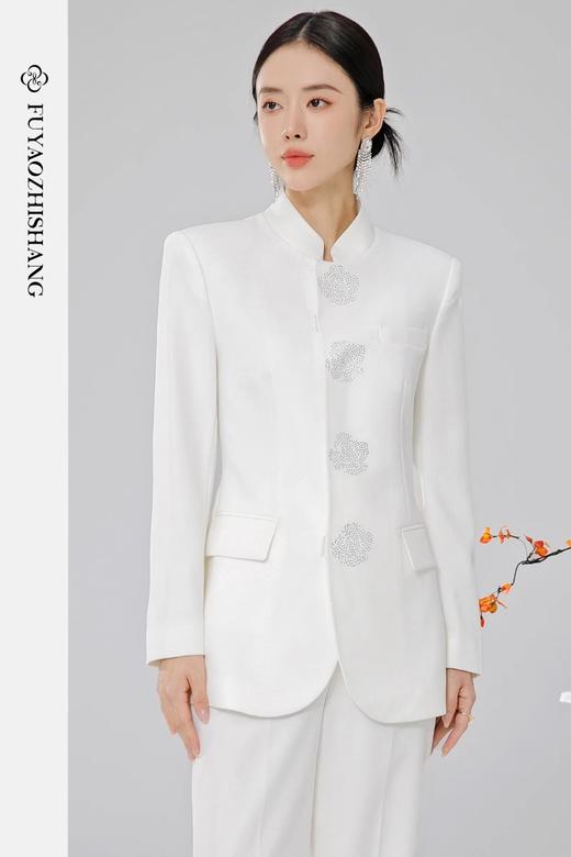 FUYAO扶摇 高端西装外套修身中式立领复古烫钻纹饰改良西服两件套 商品图5