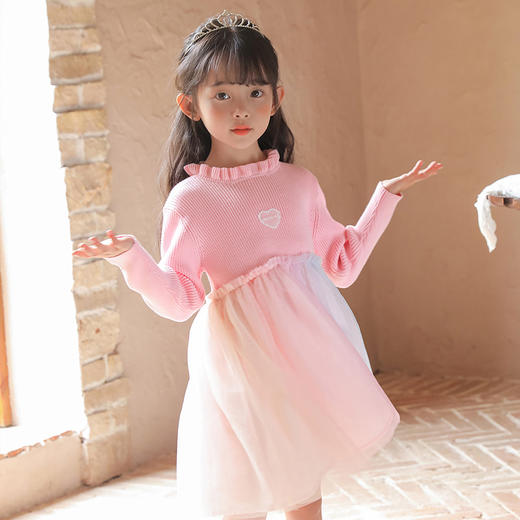 贝贝怡童装春季新款儿童甜美针织裙小女孩炫彩网纱长袖连衣裙233Q381 商品图3
