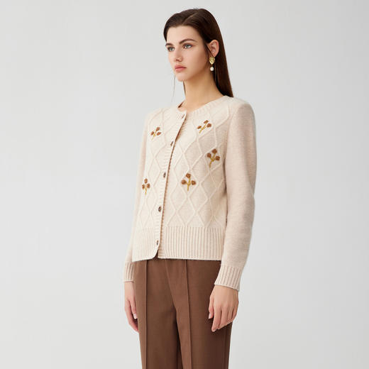 【经典菱形绞花开衫】羊绒世家秋冬新品女士100%山羊绒提花针织开衫 商品图1