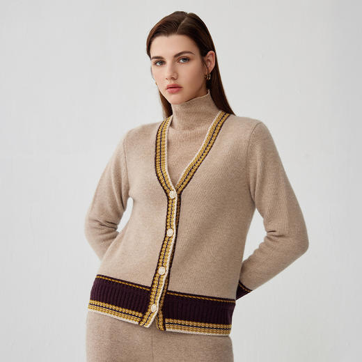 【V领撞色针织开衫】羊绒世家秋冬新品100%山羊绒衫时尚撞色针织保暖外套 商品图1